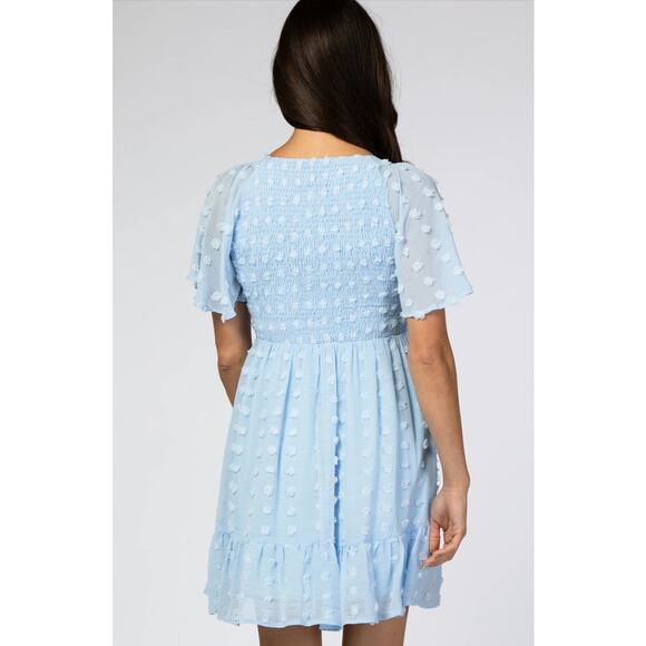 Jodifl Mini Dress M Baby Blue Smocked Swiss Dot Ruffle Hem Lined Flutter Sleeve - Picture 3 of 9